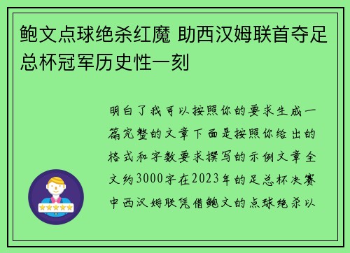 鲍文点球绝杀红魔 助西汉姆联首夺足总杯冠军历史性一刻